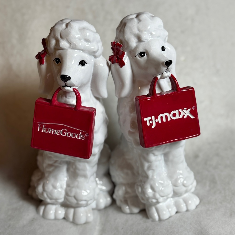 TJ MAXX & HOME GOODS VIRAL French‎ POODLE Figurine Statues 10” RED Bow & Bag NEW